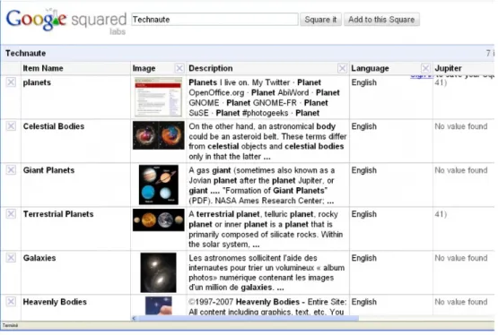 Figure 2.5 – Exemple de r´ esultats Google Squared