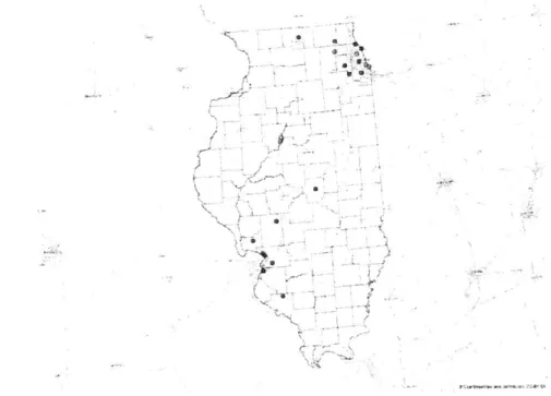 Figure 6:  Mlap  of  AQS  sites  used  in  this  study.  Red  circles  are  suburban/rural sites,  while green  circles  lie  in  Chicago,  Peoria  and  Elgin.