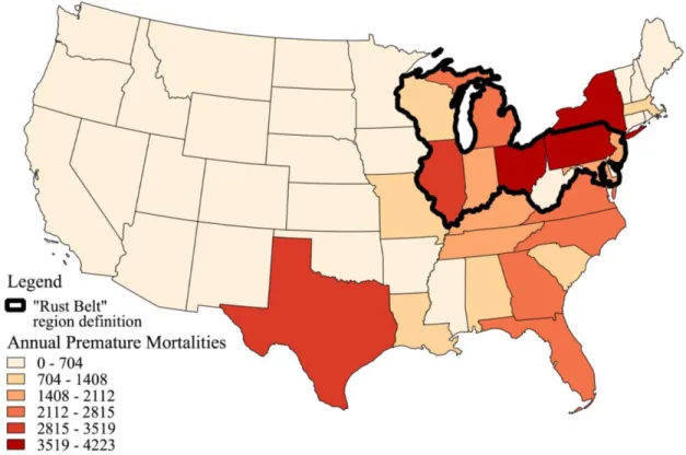 Figure 3: Annual premature mortalities attributed to power generation, estimated using  2005 emissions