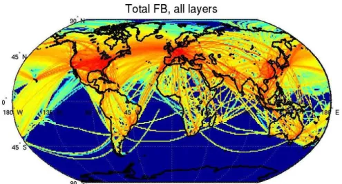 Figure 3-2: Global flights modeled in AEDT (Fuel burn in kg plotted on a log scale)  Flight  radar  tracks  and  trajectories  are  discretized  into  segments  both  temporally  and  spatially