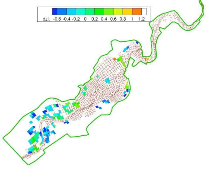 Fig. 9. Difference of water depth (m) at image instant (6:00, Feb 28th, 1997) between observations and computed values using the calibrated model (Manning is calibrated in 3 land classes, case b)).