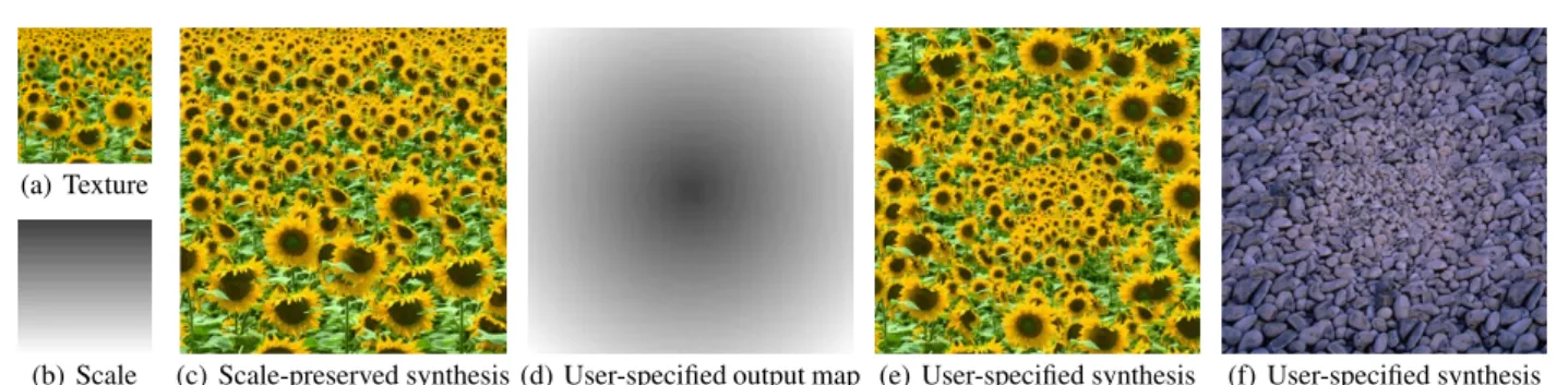 Fig. 13 Scale-aware texture synthesis. (f) is generated from the stones texture example in Fig