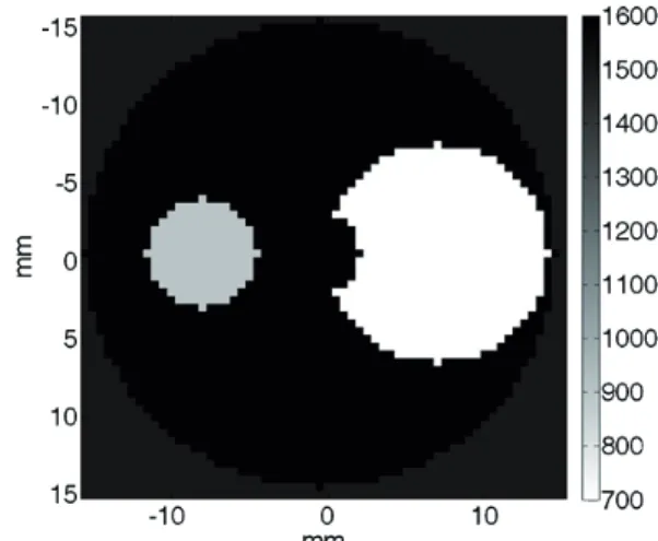 Figure 2. Numerically simulated test target. The bar indicates the wave velocity value (in m/s).