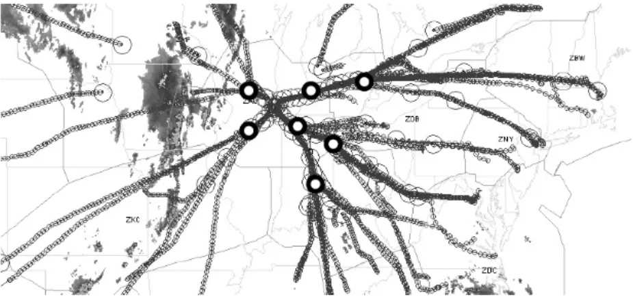 Figure 2.8: White dots are examples of critical points in the standard arrival flows into O’Hare airport in Chicago (21:00 EDT, May 3, 2001)