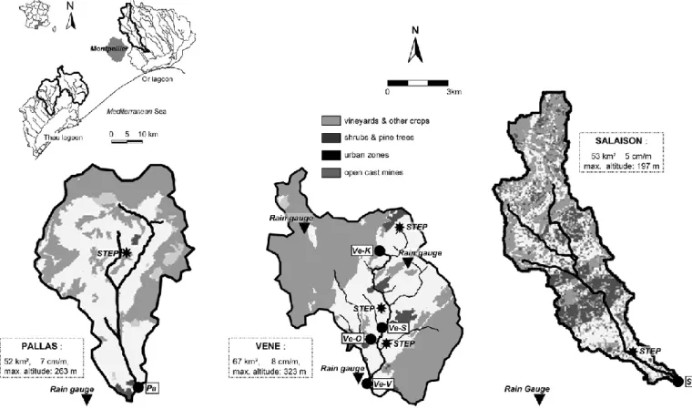 Fig. 1. The study catchments (a) overview (b) the Ve`ne catchment (c) the Salaison catchment and (d) the Pallas catchment