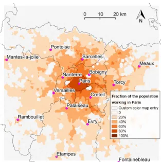 Figure 3: Excess commuting in the model and in data. Simulated average commuting distance is 9.5 km, to be compared with actual average commuting distance in Paris urban area which is 9.2 km (Source: INSEE, French population census).