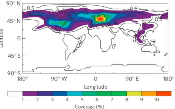 Figure  2  Contrail  coverage  for  the  year  2002  using  a  module  developed  using  ECHAM4,  an  existing climate model developed by IPCC