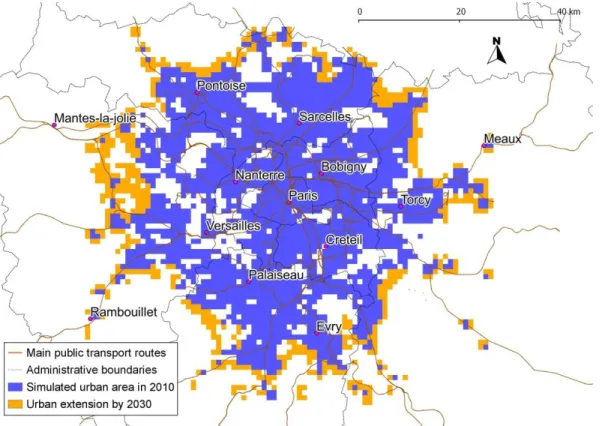 Fig. 1. Map of the total urbanized area of Paris under the do-nothing scenario, 2010 and 2030