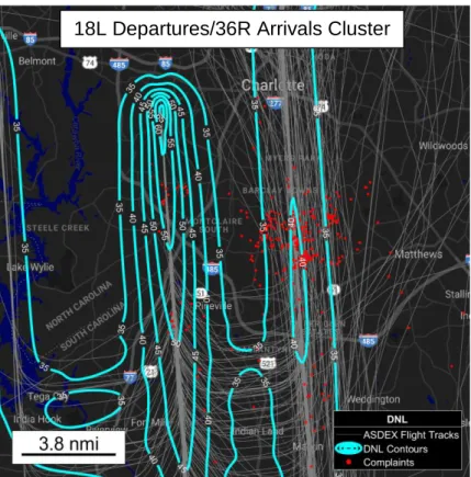 Figure 41. CLT 36R Arrivals Peak Day DNL Contours 18L Departures/36R Arrivals Cluster 