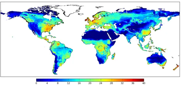 Figure 2.7: Potential yield computed with national crop repartitions in rainfed conditions (Mkcal/ha/yr) (average over the 1999-2003 period).