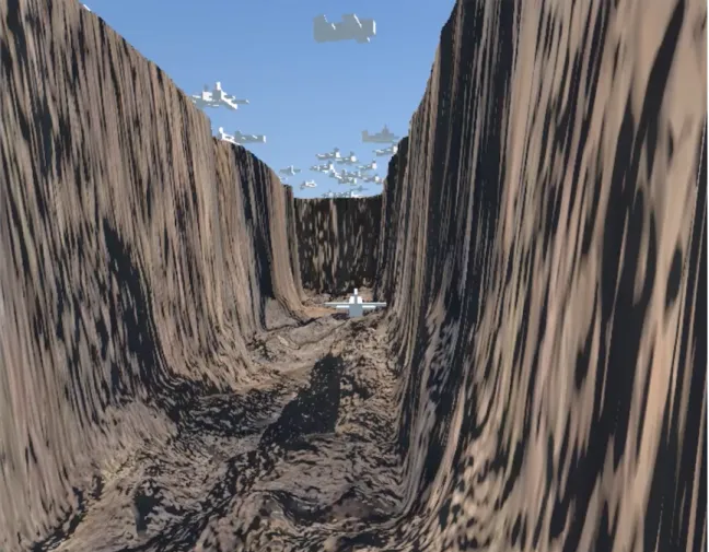 Figure 4-6: Our plane flying in a canyon with adversary planes patrolling above.