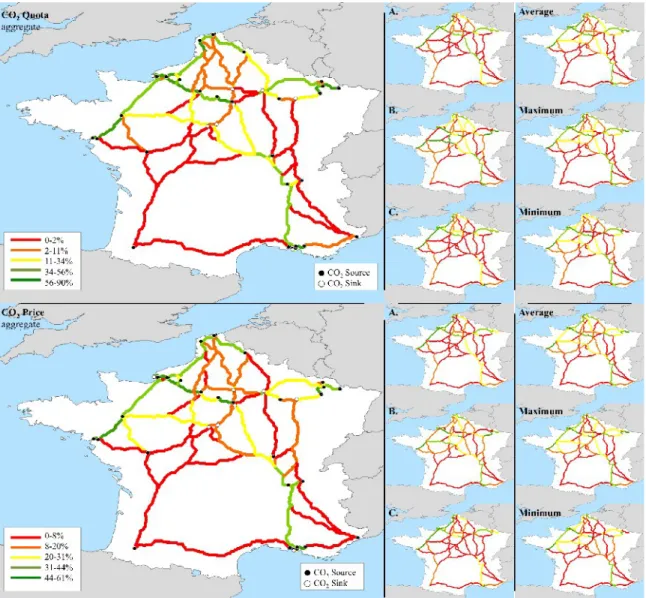 Figure 9: Corridors for CO 2   Pipelines in France  Indicating the  Percentage of the  Model Runs in which Pipeline Segments were Deployed – Pipeline routes are  color-coded by the quintile in which they are deployed, for the aggregate results from the CO 