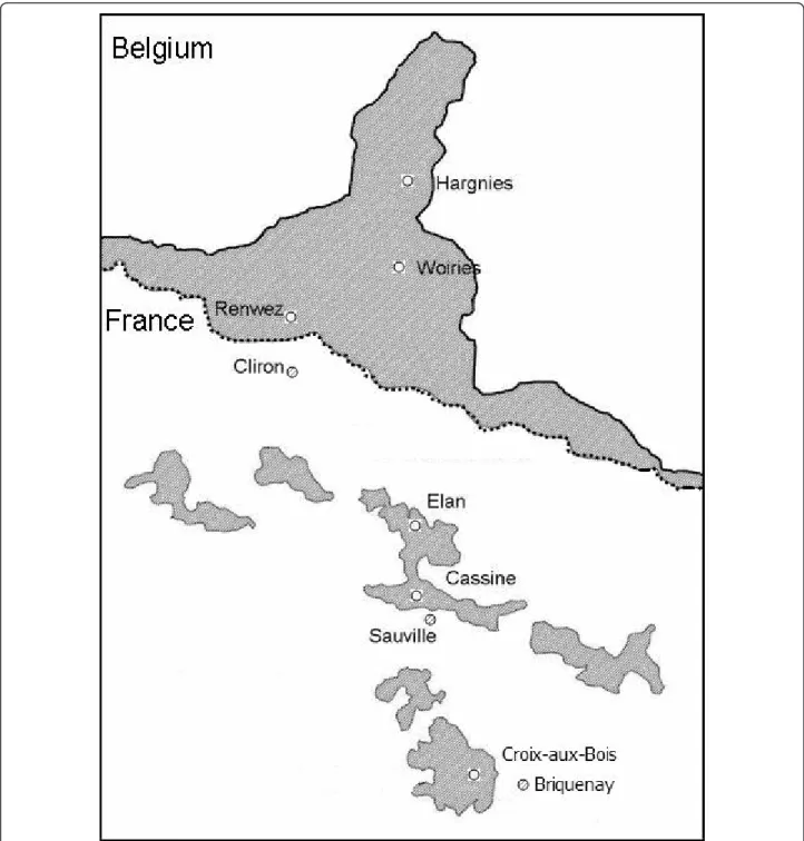 Figure 1 Sampling localities for M. glareolus in the French Ardennes. Forests and wooded areas are indicated in grey