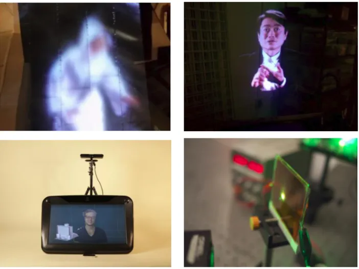 Figure 1-1: Examples of visual interfaces developed by our group. (top left) autostereoscopic aerial light-field  display; (top right) 3D Telepresence Chair; (bottom left) Holosuite; (bottom right) Direct fringe writing of 