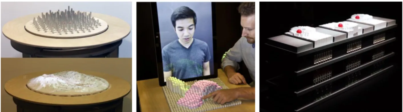 Figure 2-11: Shape displays by the MIT Media Lab’s Tangible Media Group. From left to right: Relief [37],  inFORM [40], transFORM [41]