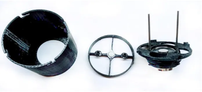Figure 5-7: Prototype 6. A housing (left), a permanent magnet-based piston (center), and base (right)  containing a commercial electromagnet and two stainless steel sliding rods for the piston