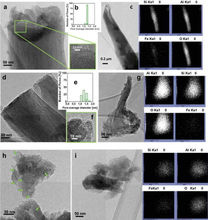 Fig. 2 TEM images of Fe-0.025-IMO, Fe-0.050-IMO and Fe- Fe-L-IMO formed by parallel NTs (sections a, d and h, respectively) into a hexagonal array (zoom of section a, sections f and h)