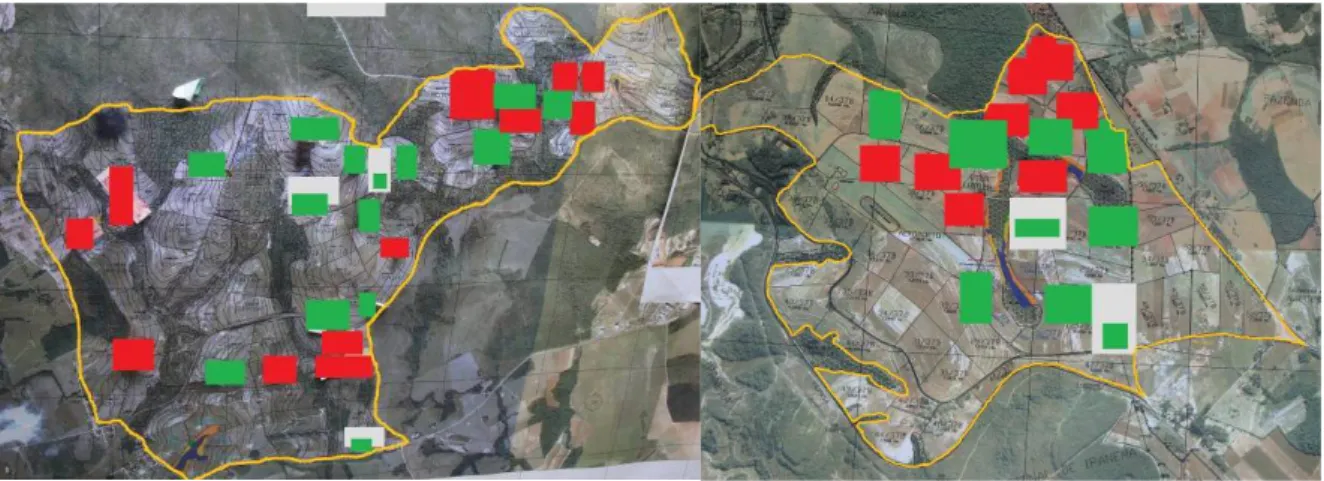 Figure 7.  Tracts of land from farmers, showing activity participants only (in red),  demonstration units (in with) and areas of other farmers (in green) where the  project was expanded