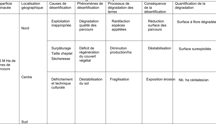 Tableau 2. Problématisation de la désertification et quantification du phénomène de  dégradation des parcours 