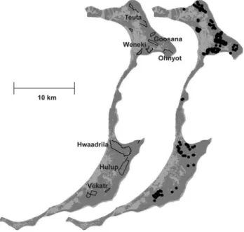 Fig. 1 Distribution of rainforest (dark grey), other vegetation types (light grey), transects (lines) and Ouve´a Parakeet (Eunymphicus uvaeensis) encounters during censuses and occasional observations from 1993 to 2009 (dots) on Ouve´a, Loyalty Islands, Ne