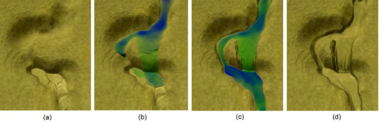 Figure 4. Water flow erodes the riverbed (b) and creates a new path (c, d).