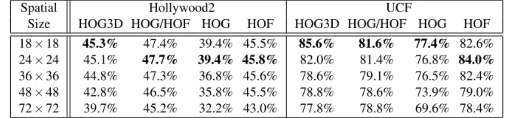 Table 5: Average accuracy for dense sampling with varying minimal spatial sizes on the Hollywood2 and UCF sports dataset.