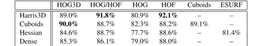 Table 1: Average accuracy for various detector/descriptor combinations on the KTH dataset.