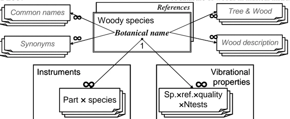 Figure 1: Schematized structure of the database and its relations. (Links to wood properties are  also possible with any other existing database with records defined by “botanical name”) 