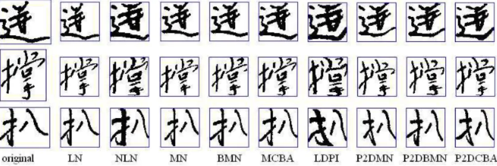 Figure 3: Character image normalization by nine methods. The leftmost image is original and the other eight are normalized ones.