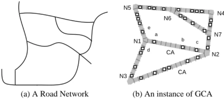 Figure 1 shows an example of a road network and its GCA model. Each node has a label which represents an intersection of the road network