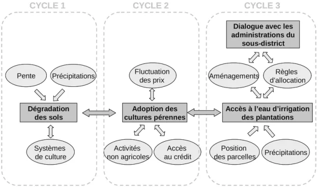 Figure 6.2. Évolution des interactions clefs discutées au cours des trois cycles Commod à Mae  Salaep entre 2002 et 2005