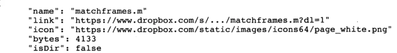 Figure  3-7:  An  example  of a  file  as JSON.  The  &#34;Dropbox  Chooser&#34;  returns  an  array  of these  objects,  one  for each file  chosen.