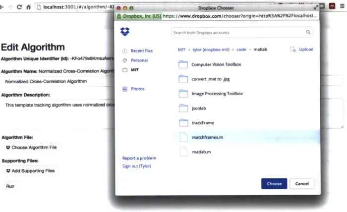 Figure  4-4:  Edit  Algorithm  screen  with  Dropbox  Chooser  popu'p  window.