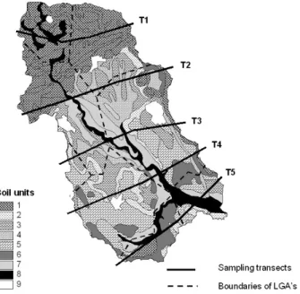 Figure 2: Location of the sampling transects (T1 to T5) Note : Soil units 1 to 8: see Table 3 ; soil unit 9: urban area.