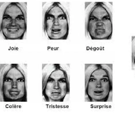 Figure 1.1 – Les six expressions faciales universelles et le neutre [4].