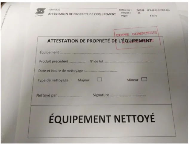 Figure V.1 : attestation de propreté de l’équipement 