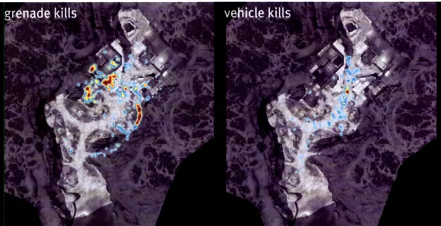 Figure 6.  Comparison  between where  players are killed  by grenades  (which are effective  in confined  areas) versus  getting killed by vehicles (which are most  effective in open areas  where they  can maneuver)