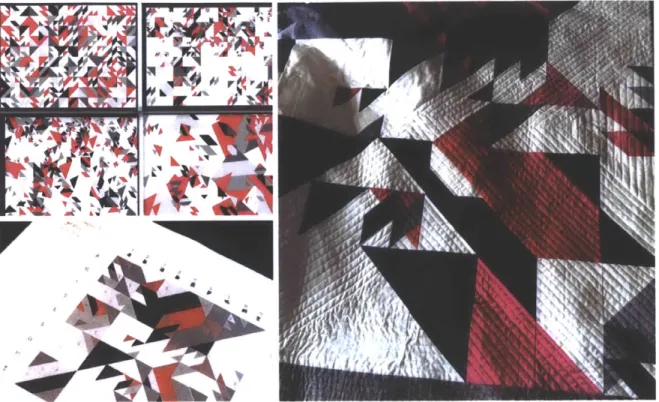 Figure  2-12:  Processing  Quilt  by  Libs  Elliott  and  Joshua  Davis  (2013).  (Counter-clockwise  from upper-left:  auto-generated  triangle compositions  in  Processing,  hand-made quilt  grid,  finished  quilt.)
