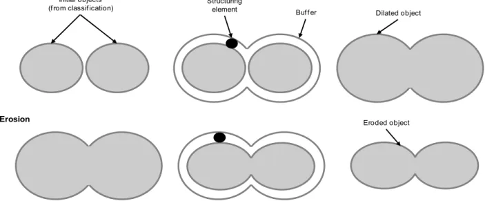 Figure 4. The mathematical morphology operation used to produce an artificial patch. The  process combines two basic operations, dilation and erosion to merge separate objects