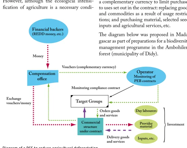 Diagram of a PES to reduce agricultural deforestation  and to guide spending towards local investment, using  a complementary currency