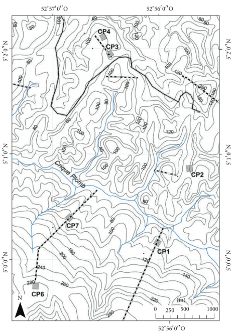 Figure 1: Map of the 6 1-ha plots studied in natural rainforests developed on two geomorphologic domains in French Guiana: volcanic- volcanic-plutonic domain (CP1, CP6, and CP7) and schist domain (CP2, CP3, and CP4)