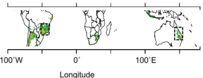 Figure 2. Spatial distribution of the regions (dashed rectangles) used in this study overlaid on a map of the distribution of  sugar-cane growing areas indicated in green.