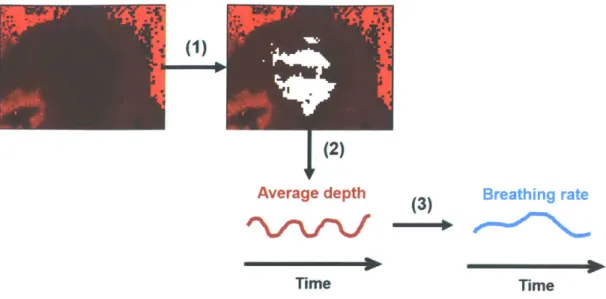 Figure  2-1:  Breathing  rate  extraction  algorithm:  (1)  ROI  detection,  (2)  average  depth extraction,  and  (3)  frequency  estimation.