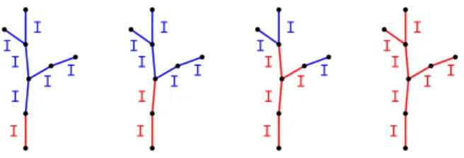 Fig. 1. Branch represented L-string I I [ I I ] I [ I ] I with information x = 1 (red segments) propagation to others segments (blue).
