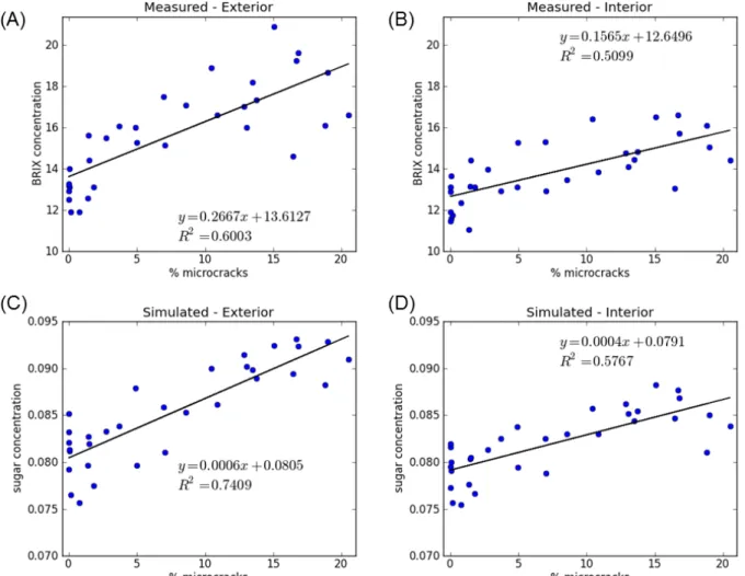 Fig. 2. Sugar content in nectarine fruit as a function of the percentage of microcracks at 140 dafb