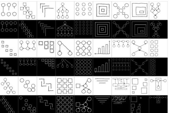 Figure 3-12: Top, white: drawings. Bottom, black: extrapolations automatically produced by our system.