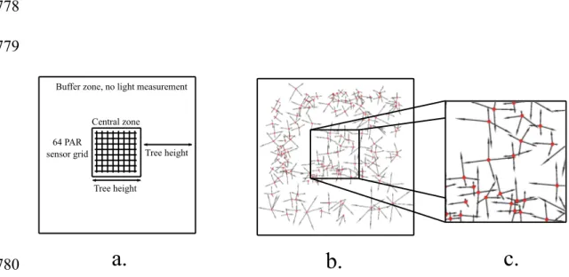 Figure 1: a. Experimental Unit. b. Field data: each dot locates a tree (its trunk), and  each arrow defines a specific azimuth and distance from the trunk, characterizing  the crown extend