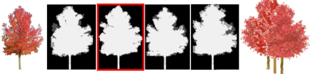 Fig. 7. On the left, the original image. On the right, reprojected models. In the middle, different errors maps with four models with varying numbers of branches, distributions of leaves and densities