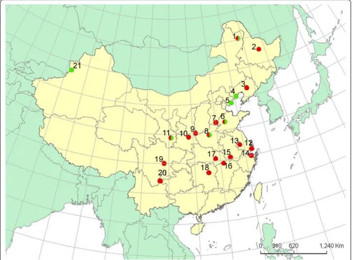 Figure 6 Sample locations of 25 Tetranychus urticae populations used in this study. Red and green dots indicate red and green form mite populations, respectively, and dual colours dots represent the locality where the two forms of mite populations were sam