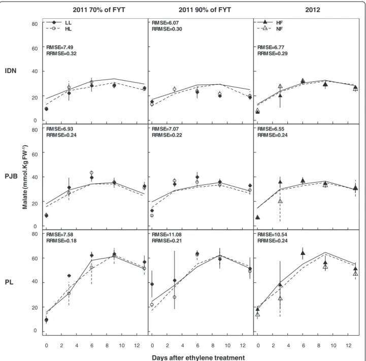 Figure 4 Measured (symbols) and simulated (lines) malate concentrations in the pulp of banana of cultivars IDN, PJB, and PL during fruit post-harvest ripening